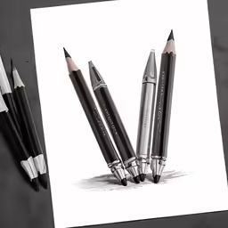 three different colored pencils, two in color and one black and white