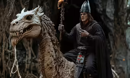 a man with a sword rides on a fake horse