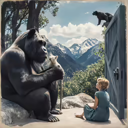 there is a large bear sitting in the front of a woman and a dog