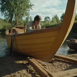there is a person sitting in a boat on the shore