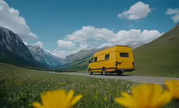 yellow school bus on rural road in mountains