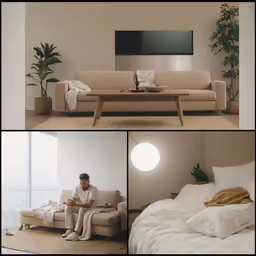 a collage with two pictures of a man sitting on a couch