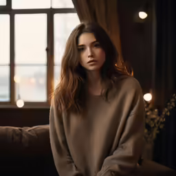 a woman posing in front of a window wearing a brown sweater