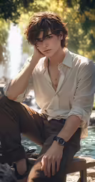 a man in white shirt sitting on bench near water