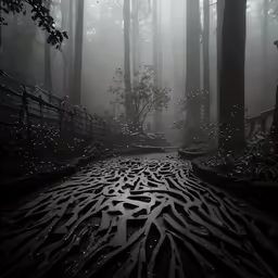 a forest with rain covered paths, benches and trees