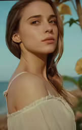 a beautiful young lady standing next to the water