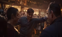 a group of men standing around talking in front of a crowd