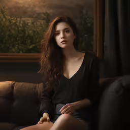a young woman is posing on a couch