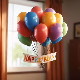 bunch of multicolored balloons with banner, happy birthday sign