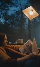 a woman laying on her stomach reading a newspaper at night