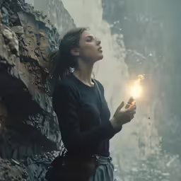 the girl is holding a lite in her hands