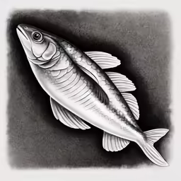 a pencil drawing of a fish in black and white