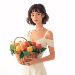 a woman is standing holding a basket of fruit