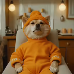 a dog wearing an orange outfit sitting in a chair
