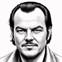 a black and white drawing of a man with a mustache