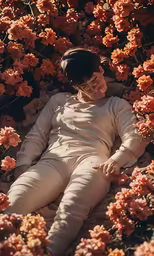 a person that is laying down next to some flowers