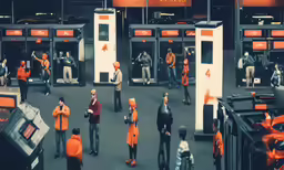 many people are standing inside a small booth
