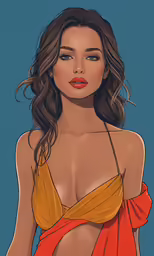 a girl with long hair wearing an orange dress