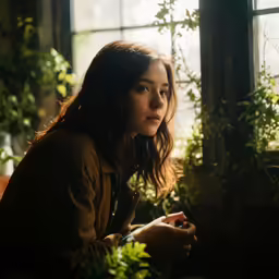 a person sitting at a window in front of a plant