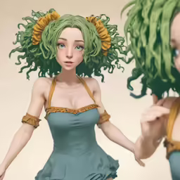 an animation character in an unusual green dress holding onto another model