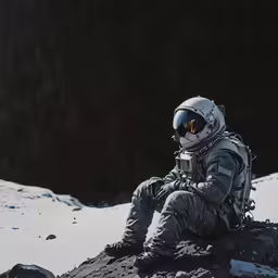 an astronaut with white clothes and a helmet sitting on top of a mountain