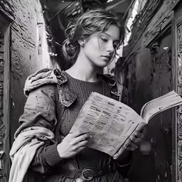 a woman reading a book while standing in front of an open door