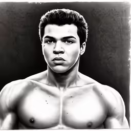 a man with no shirt on, posing for a black and white picture