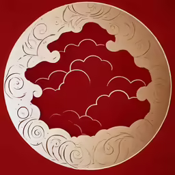 an oval picture with a red background and white designs
