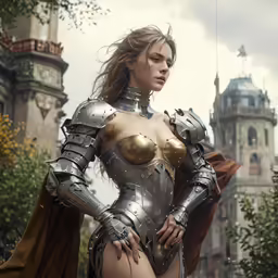 a very attractive woman in armor on the street