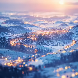 a view of a town covered in snow at night
