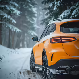 an orange bmw suv parked in the snow