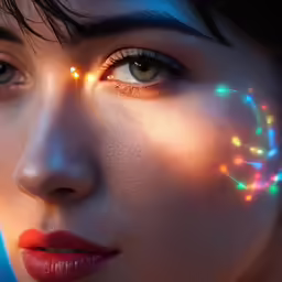 a close up photo of a young woman with colorful lights on her face