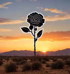 a rose in the desert at sunset,a flower stands on a stem in the desert