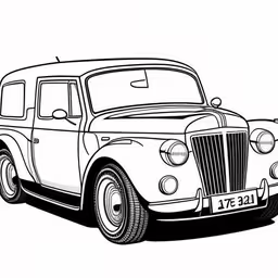 an illustration of a classic car outlined in black ink,a line drawing of an antique truck