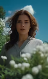 woman standing among white flowers and trees