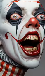 a clown wearing red makeup and a big grin