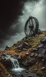 a bicycle in motion by a stream in a rocky area