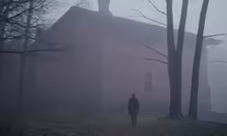 a man is walking toward a creepy house