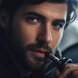 a man in black jacket with a pipe in his mouth