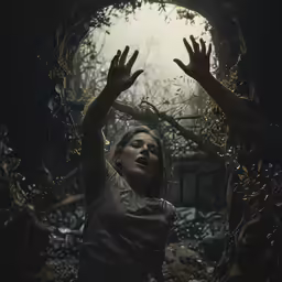 a woman standing in the forest surrounded by zombies