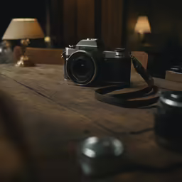 a camera sitting on top of a wooden table