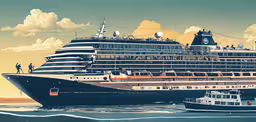 a cruise ship in the ocean with a large boat in front,a couple of ships sitting side by side on water
