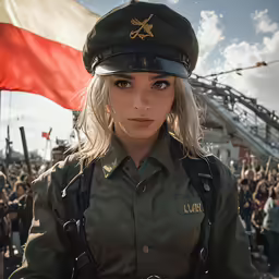 a blonde woman in military uniform standing next to other people