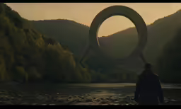 a man looks at a sculpture near a body of water
