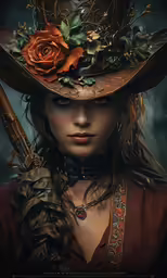 a lady wearing a hat with a flower on her head