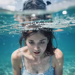 the young girl is under water in the blue
