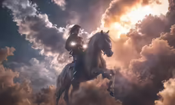 a man riding a horse through the clouds