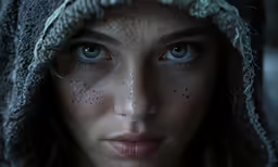 a close up of a woman with blue eyes and freckled hair