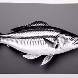 a silver fish on black surface with a grey background