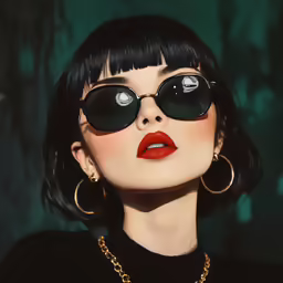 a woman with black hair wearing sunglasses and a chain
